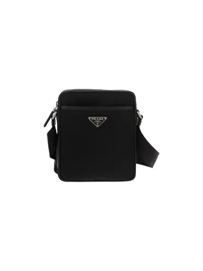 Prada Logo Embroidered Shoulder Bag In Nero