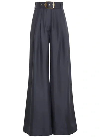 Zimmermann Lyrical Belted Wide-leg Silk Trousers In Paradise Navy