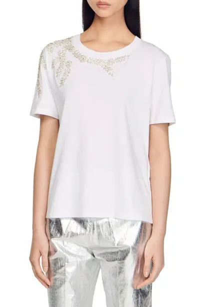 Sandro Cotton Beaded T-shirt In White