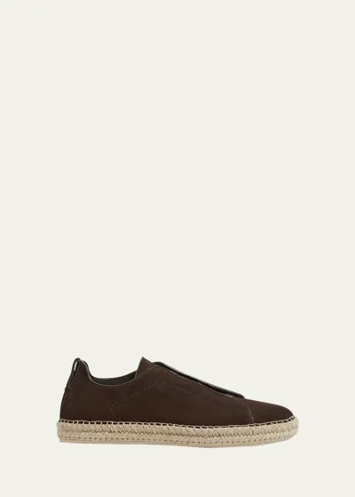 Zegna Men's Triple Stitch Suede Espadrille Sneakers In Medium Brown