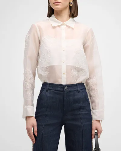 Cinq À Sept Luna Embroidered Organza Button-front Shirt In Ivory