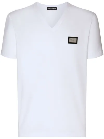 Dolce & Gabbana Cotton V-neck T-shirt With Branded Tag In White