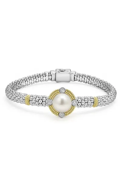 Lagos 18k Yellow Gold & Sterling Silver Luna Cultured Freshwater Pearl & Diamond Caviar Bead Bracelet In White/silver