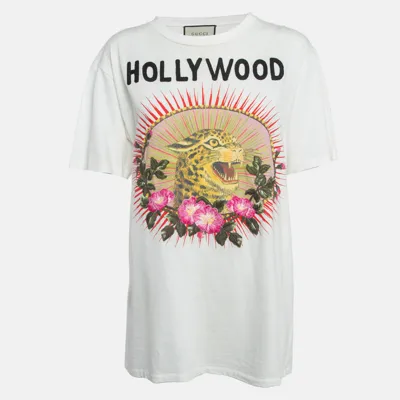 Pre-owned Gucci White Printed Cotton Applique Detail T-shirt S