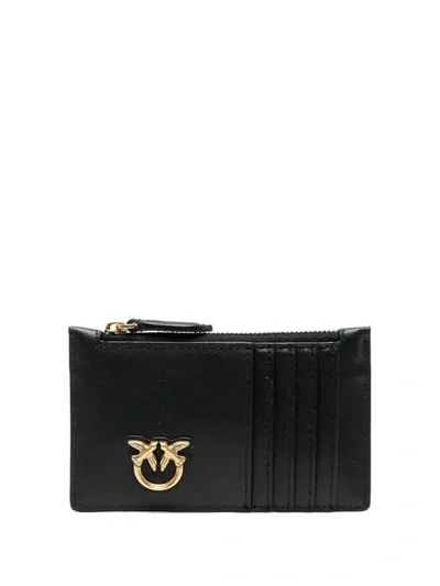 Pinko Card Holder With Logo In Nero-antique Gold