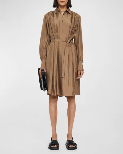 Joseph Danton Pleated Habotai Silk Midi Shirtdress In Frozen Mocha