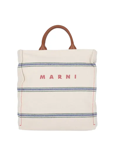 Marni Logo Printed Tote Bag In Beige