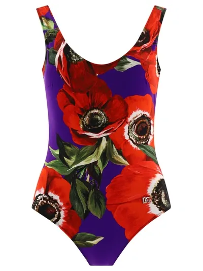 Dolce & Gabbana Racing Anemone-print Swimsuit In Anemone Viola