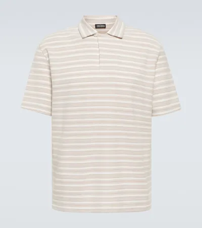 Zegna Cotton Polo Shirt In White Dusty Beige