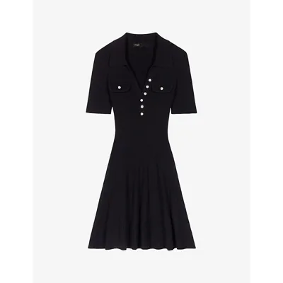 Maje Spread-collar Ribbed Minidress In Noir / Gris