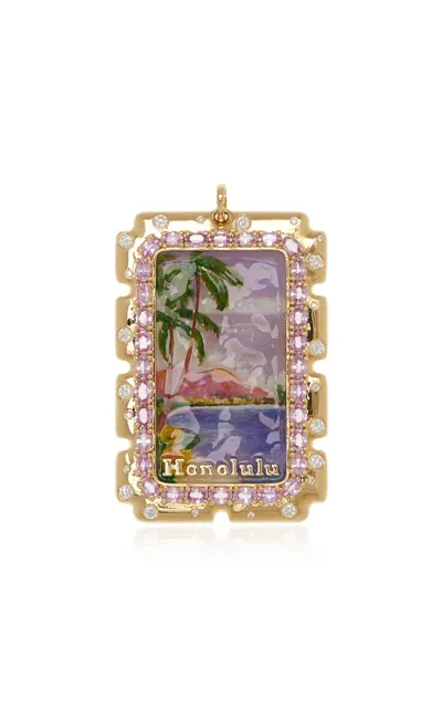 Maison Tjoeng Honolulu 18k Yellow Gold Enameled Postcard Pendant In Multi