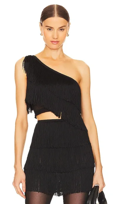 Norma Kamali Spliced Cropped One Shoulder Fringe Top In Black