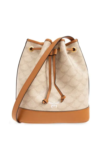 Mcm Lauretos Monogram Drawstring Bucket Bag In Beige