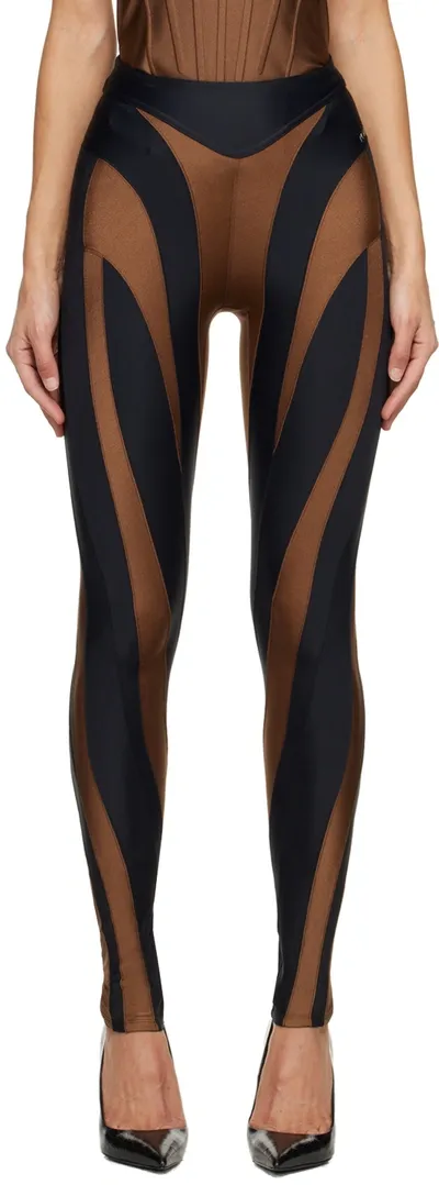 Mugler Spiral Leggings Woman Cinammon And Black In Polyamide In Cinnamon & Black