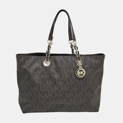 Pre-owned Michael Michael Kors Black Signature Coated Canvas Cynthia Large Tote