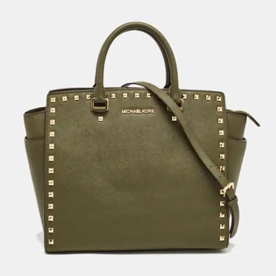 Pre-owned Michael Michael Kors Michael Kors Green Studded Leather Large Selma Satchel