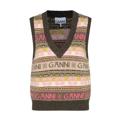 Ganni Logo Wool Blend V-neck Vest In Kalamata