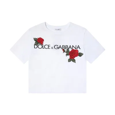 Dolce & Gabbana Jersey T-shirt With Logo Print And Rose Patch In White