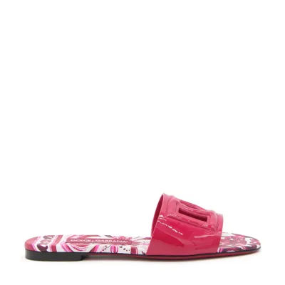 Dolce & Gabbana Fuchsia Flat Sandals With Dg Logo Cut-out And Maioliche Print In Leather In Cyclamen