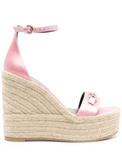 Versace Light Pink Satin Wedge Sandals With Medusa Head Detail