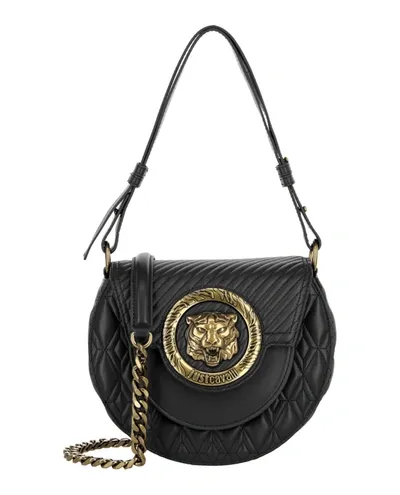 Just Cavalli Tiger Head-plaque Quilted Shoulder Bag In Black