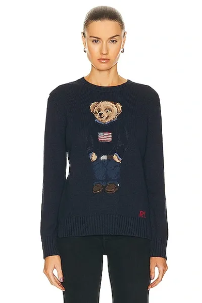 Polo Ralph Lauren Bear Long Sleeve Pullover Sweater In Navy