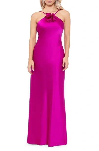 Xscape Women's Flower-trim Sleeveless Satin Gown In Magenta