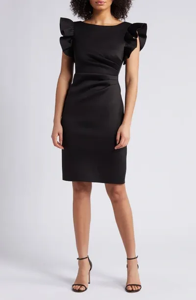 Eliza J Ruffle Sleeve Satin Cocktail Sheath Dress In Black