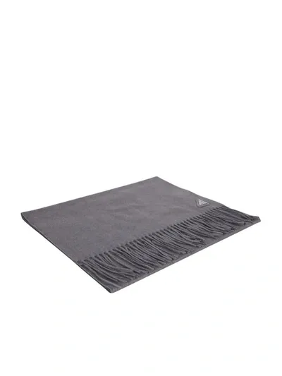 Prada Triangle-logo Fringed Scarf In Grey