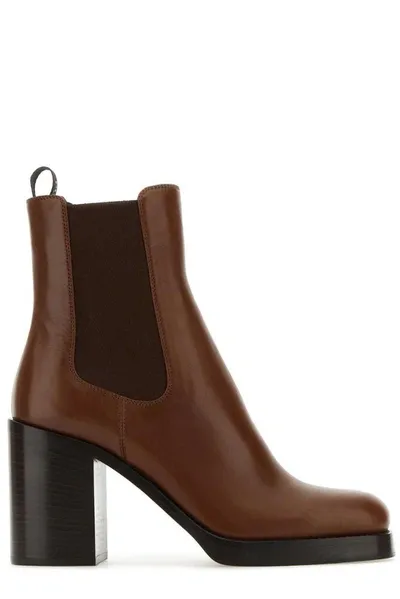 Prada Cognac Leather Ankle Boot Women In Brown