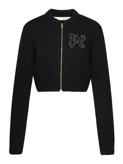 Palm Angels Monogram Embellished Zipped Knitted Cardigan In Black Silv