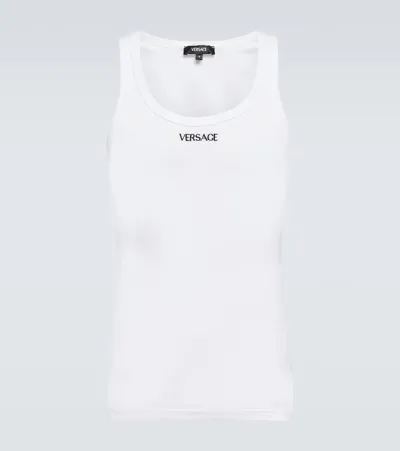 Versace Geripptes Tanktop Aus Baumwolle Mit Logo In White