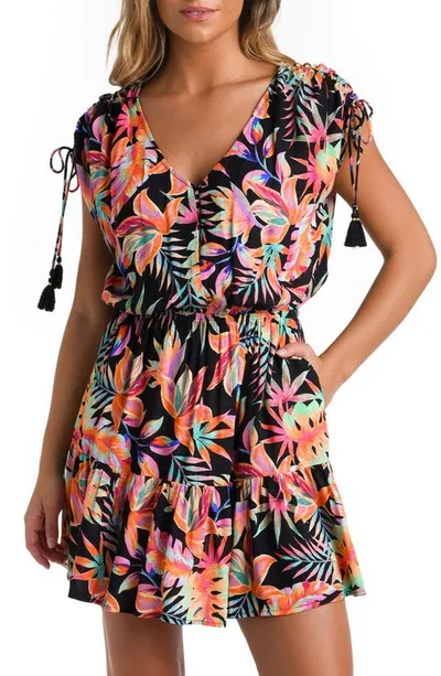 La Blanca Best Escape V-neck Mini Dress In Floral,black