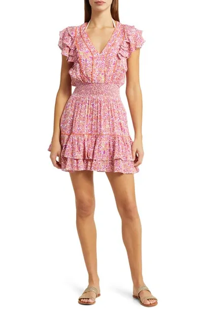 Poupette St Barth Camila Floral Smocked Waist Cover-up Minidress In Pink