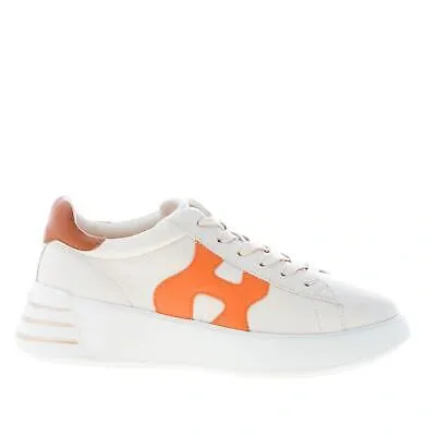 Pre-owned Hogan Damen Schuhe H564 Milch Leder Rebel Sneaker Mit Braun Und Orange In Weiss