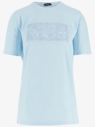 Versace Cotton T-shirt With Logo In Pale Blue