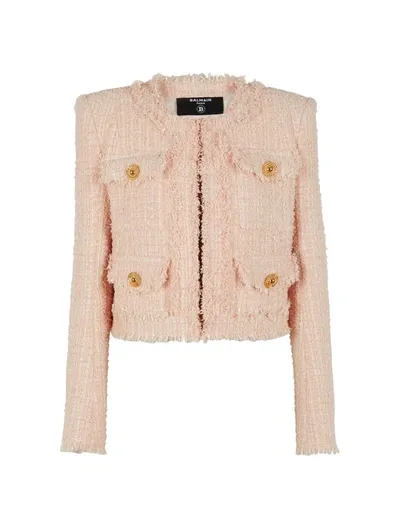 Balmain Collarless Tweed Jacket In Dx Nude Rose