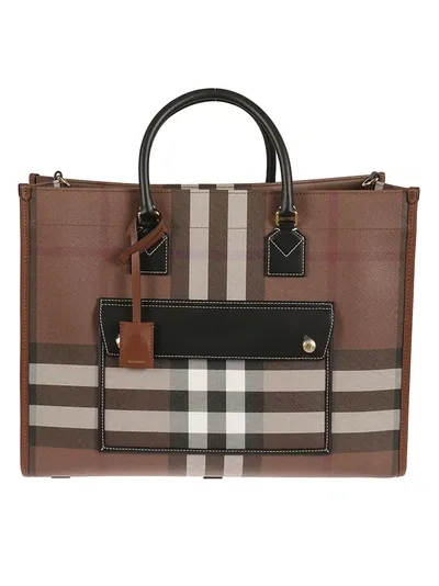 Burberry Checked Medium Freya Tote Bag In Dark Birch Brown