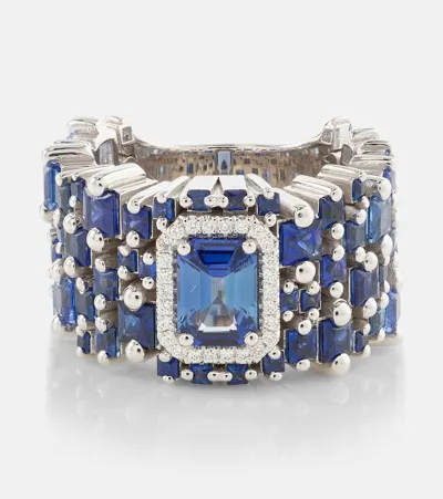 Suzanne Kalan One Of A Kind 18kt White Gold Ring With Blue Sapphires And Diamonds In Metallic