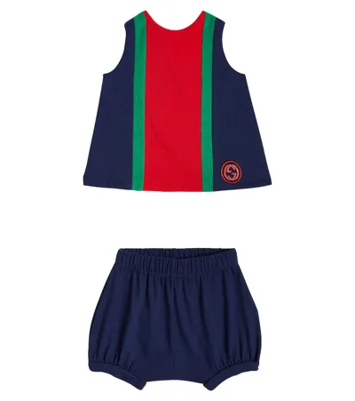 Gucci Baby Cotton Dress And Bloomers Set In Blue