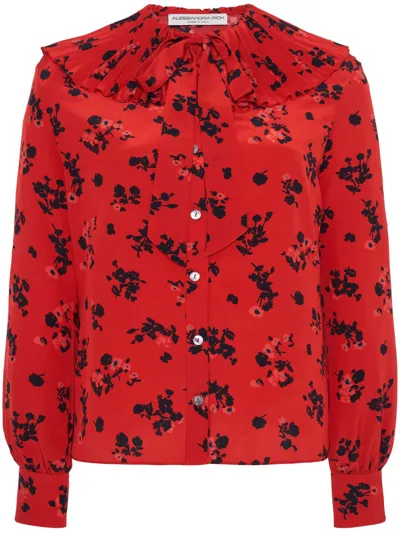 Alessandra Rich Floral-print Silk Blouse In Red