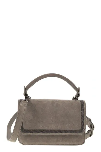 Brunello Cucinelli Suede Bag With Precious Contour In Stone