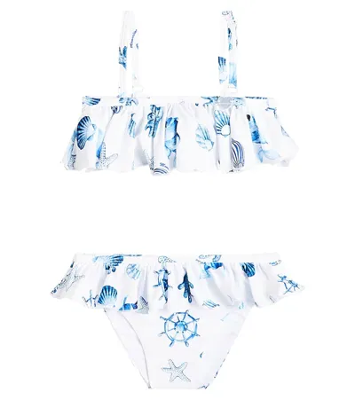 Monnalisa Kids' Printed Ruffled Bikini In Bianco+bluette