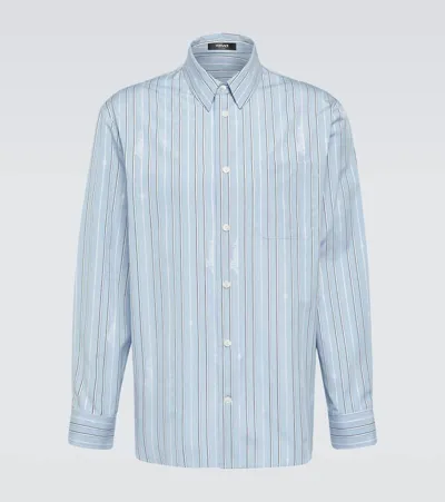 Versace Striped Cotton Poplin Shirt In Pale Blue