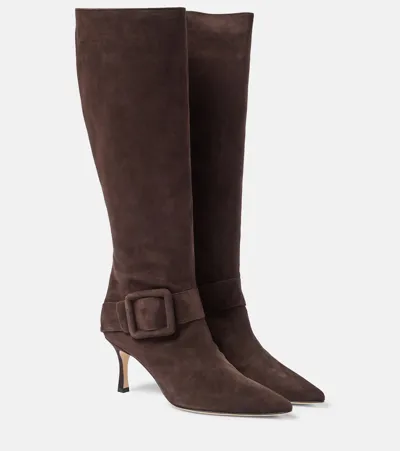 Manolo Blahnik Bayhi Gala Suede Knee-high Boots In Brown