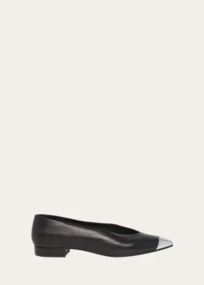 Loro Piana Rebecca Leather Cap-toe Ballerina Flats In Black Silver Dust