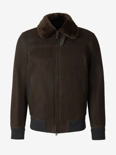 Brioni Shearling-collar Leather Jacket In Marró Fosc