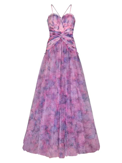 Zac Posen Women's Pleated Halter Strap Tulle Gown In Pink Multi Floral