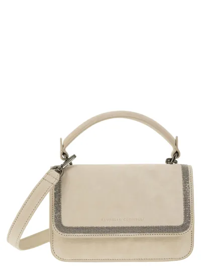 Brunello Cucinelli Suede Bag With Precious Contour In Ivory