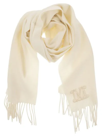 Max Mara Logo Embroidered Fringed Scarf In White